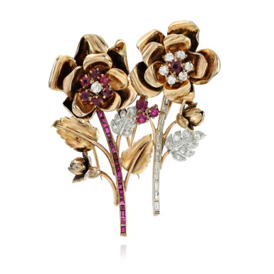 View full screen - View 1 of Lot 8. PAIR OF RUBY AND DIAMOND CLIP-BROOCHES.