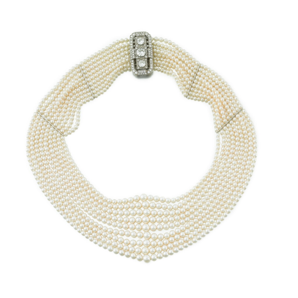 View full screen - View 1 of Lot 80. Cultured pearl and diamond necklace.