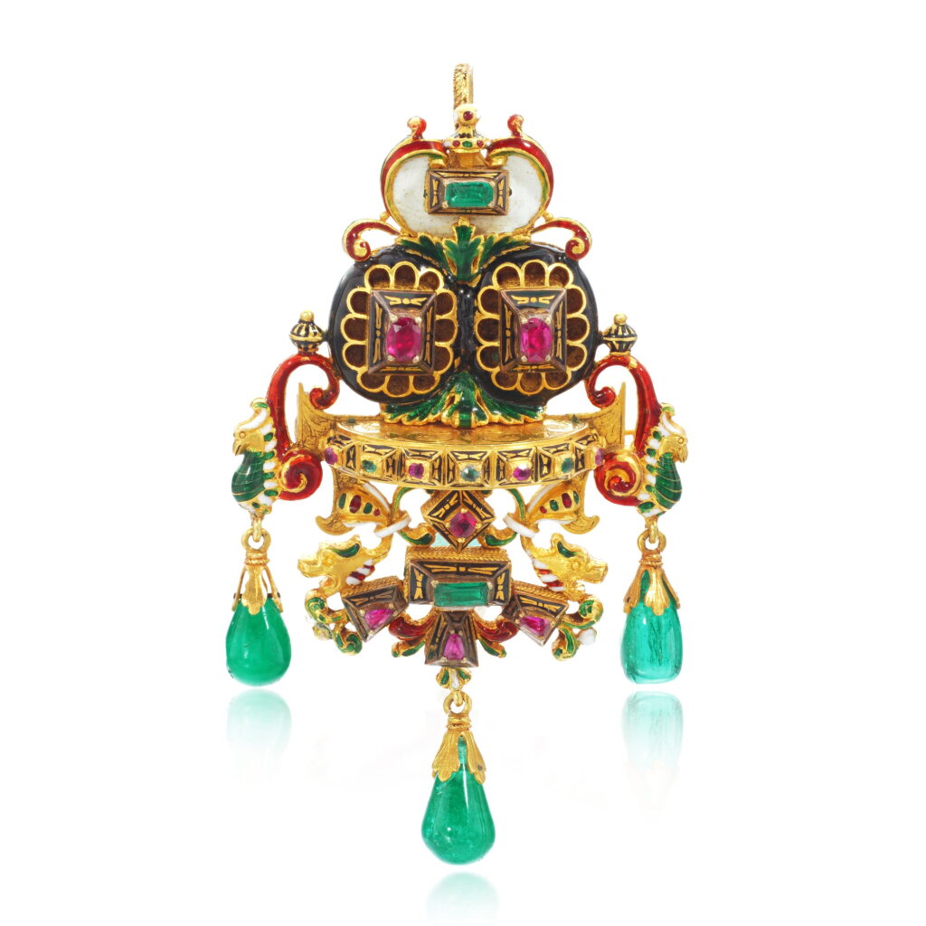 View full screen - View 1 of Lot 504. Emerald, ruby and enamel pendent brooch, circa 1860.