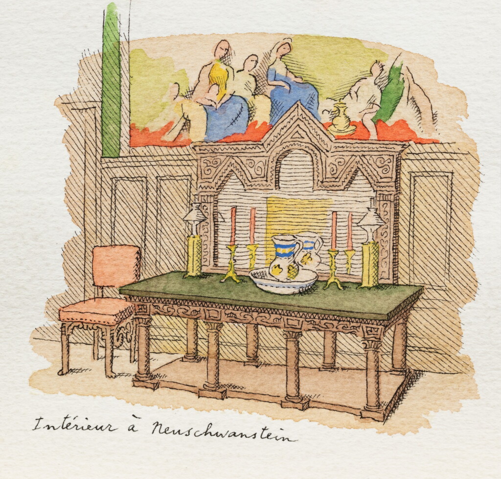 View full screen - View 1 of Lot 260. Intérieur à Neuschwanstein : Une table de style renaissance dans un intérieur néo-gothique.