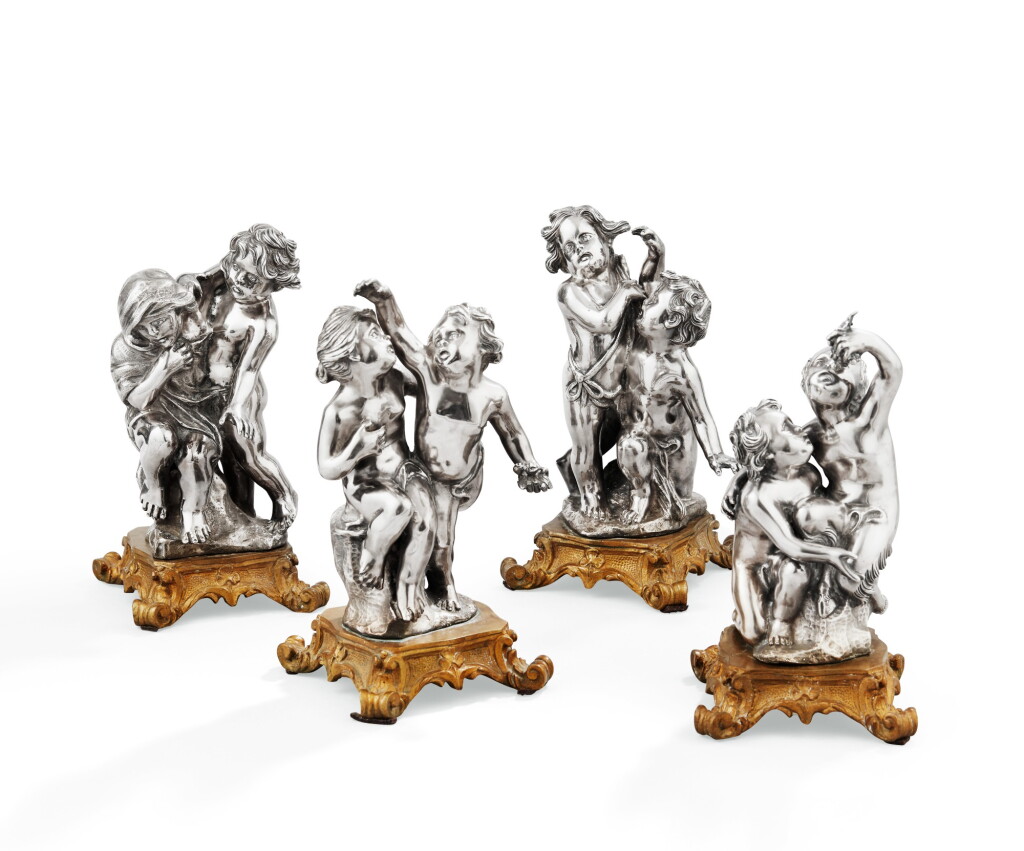 View full screen - View 1 of Lot 22. A SET OF FOUR GILT AND SILVER-PLATED BRONZE GROUPS, AVOLIO, NAPLES, CIRCA 1930 | ENSEMBLE DE QUATRE GROUPES EN BRONZE ARGENTÉ ET DORÉ PAR AVOLIO, NAPLES, VERS 1930 .