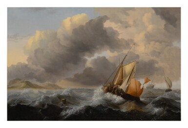 View full screen - View 1 of Lot 622. Ships in a stormy sea, with a dune coast beyond.