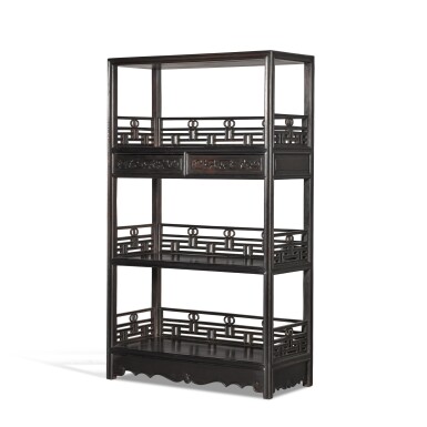 View full screen - View 1 of Lot 235. A zitan three-shelf bookcase, Shujia, Early Qing dynasty | 清初 紫檀三層帶抽屜大書架.