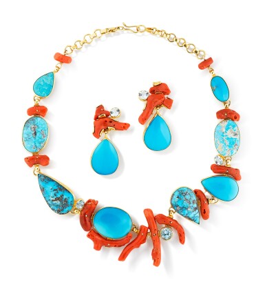 View full screen - View 1 of Lot 251. Demi-parure turquoise et corail | Turquoise and coral demi-parure.
