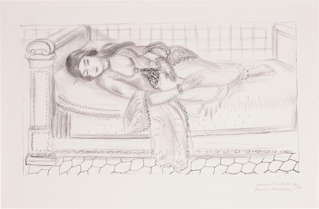 View full screen - View 1 of Lot 103. Orientale sur lit de repos, sol de carreaux rouges.