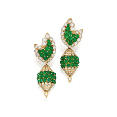 View full screen - View 1 of Lot 123. Van Cleef & Arpels | Pair of Emerald and Diamond Pendant-Earclips.