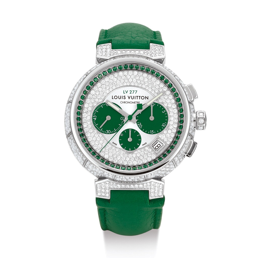 View full screen - View 1 of Lot 2242. LOUIS VUITTON | TAMBOUR, REFERENCE Q1E90 A BRAND NEW LIMITED EDITION WHITE GOLD, DIAMOND AND GREEN SAPPHIRE-SET CHRONOGRAPH WRISTWATCH WITH DATE, CIRCA 2019 " | Louis Vuitton | Tambour 型號Q1E90 限量版白金鑲鑽石及寶石計時腕錶,備日期顯示,機芯編號209158,錶殼編號2/8,約2019年製".