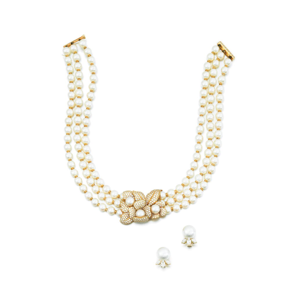 View full screen - View 1 of Lot 207. Cultured pearl and diamond demi-parure.