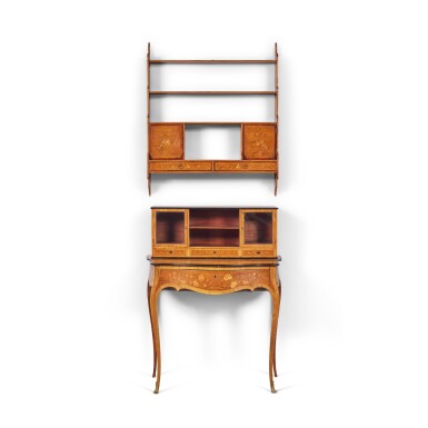 View full screen - View 1 of Lot 104. A George III Tulipwood, Harewood, Ebonised Walnut and Marquetry Bonheur du Jour with an associated Hanging Shelf, Circa 1770.