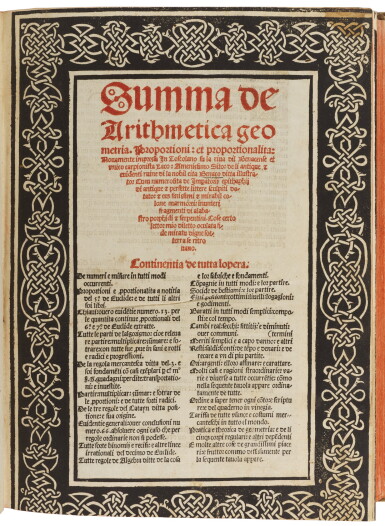 View full screen - View 1 of Lot 171. Pacioli, Summa de arithmetica, Toscolano, 1523, later calf-backed boards.