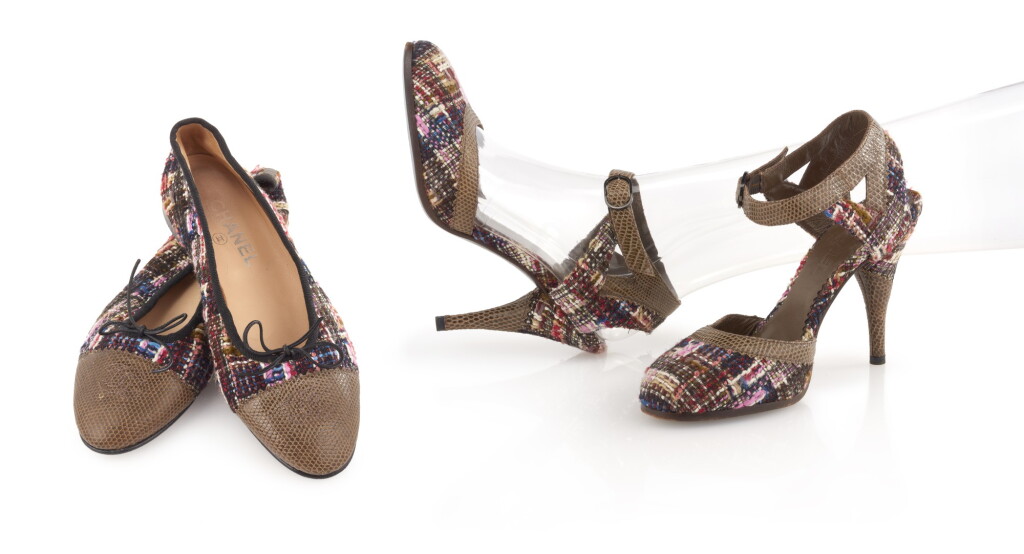 View full screen - View 1 of Lot 12. TWO PAIRS OF MULTICOLORED TWEED AND GREEN LEATHER SHOES, CHANEL.