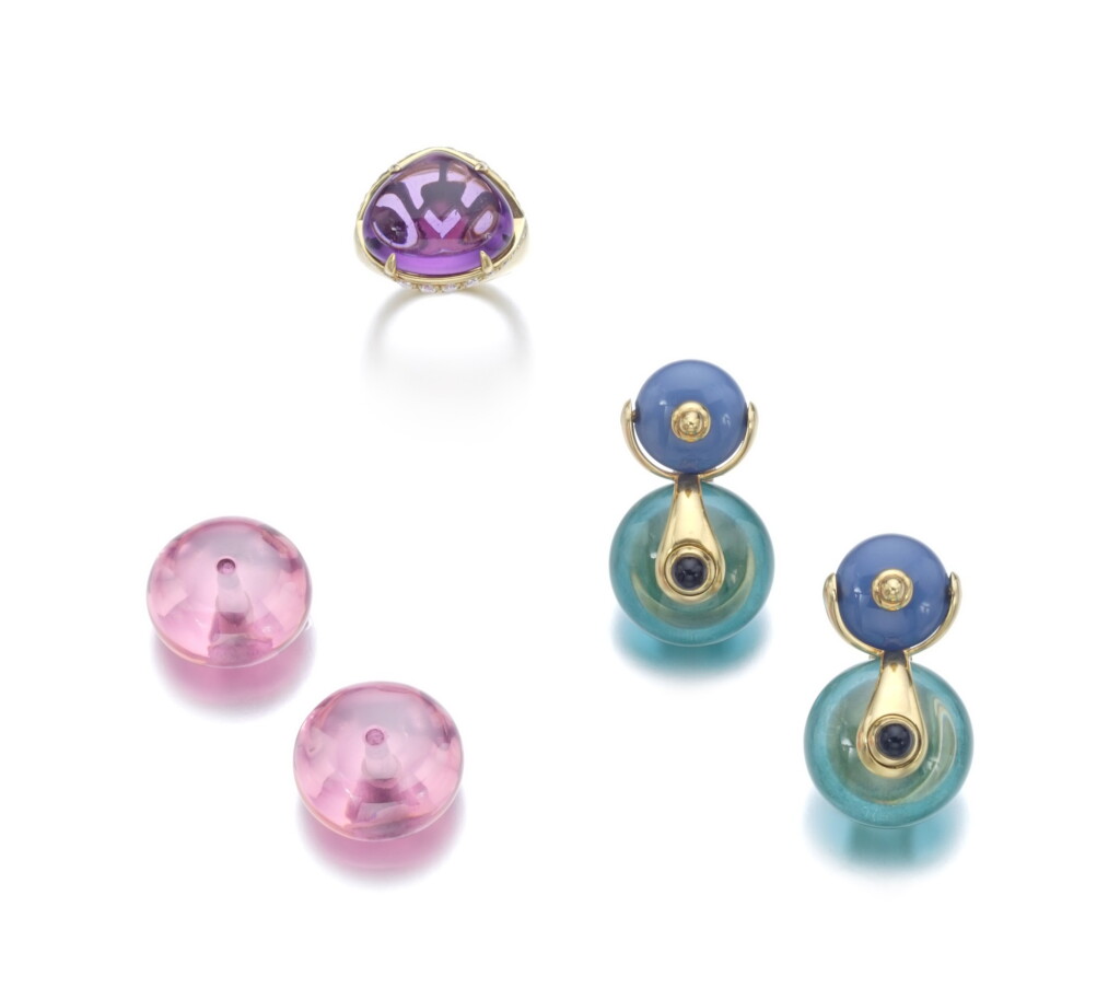 View full screen - View 1 of Lot 154. PAIR OF GEM SET EAR CLIPS, 'CADRAN', MARINA B, AND A RING | BULGARI.