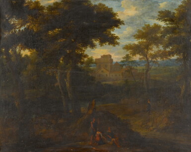 View full screen - View 1 of Lot 81. A classical landscape with figures in the foreground, a castle beyond.