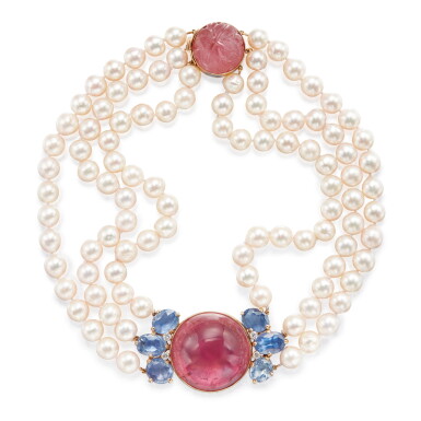 View full screen - View 1 of Lot 306. PINK TOURMALINE, SAPPHIRE, CULTURED PEARL AND DIAMOND NECKLACE, SEAMAN SCHEPPS.