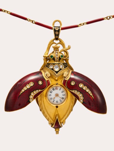 View full screen - View 1 of Lot 174. A gold, enamel and diamond-set keyless pendant watch in the form of a beetle, Circa 1900.