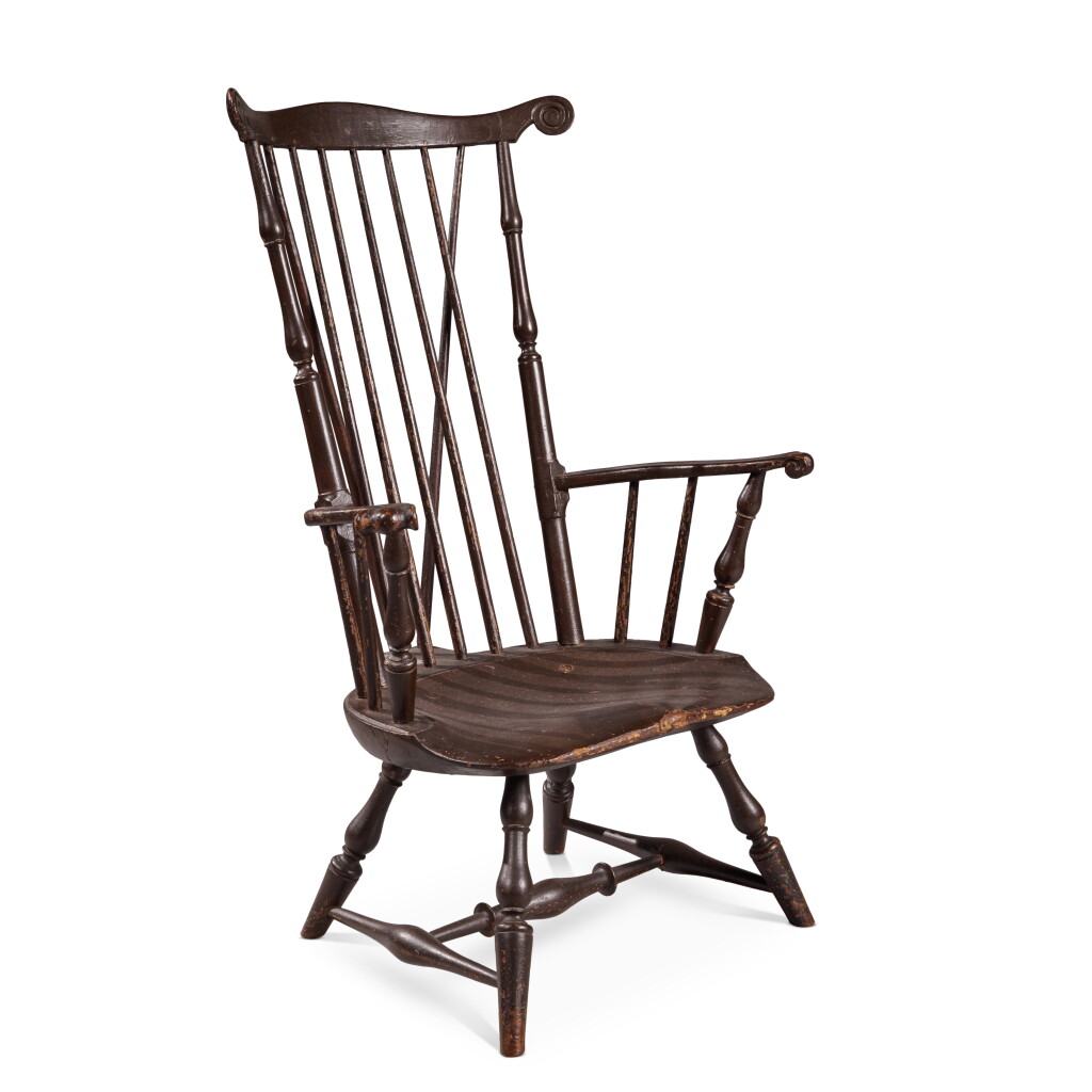 View full screen - View 1 of Lot 275. The Gardner-Paddack-Coffin Brown-Painted Fan-Back Brace-Back 'Nantucket' Low Windsor Armchair, attributed to William Russell, New Bedford, Massachusetts, circa 1780-90.
