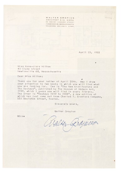 View full screen - View 1 of Lot 18. L. Feininger, typed letter signed ("Lyonel Feininger") to Anna-Clare Hilton, 27 April 1952.