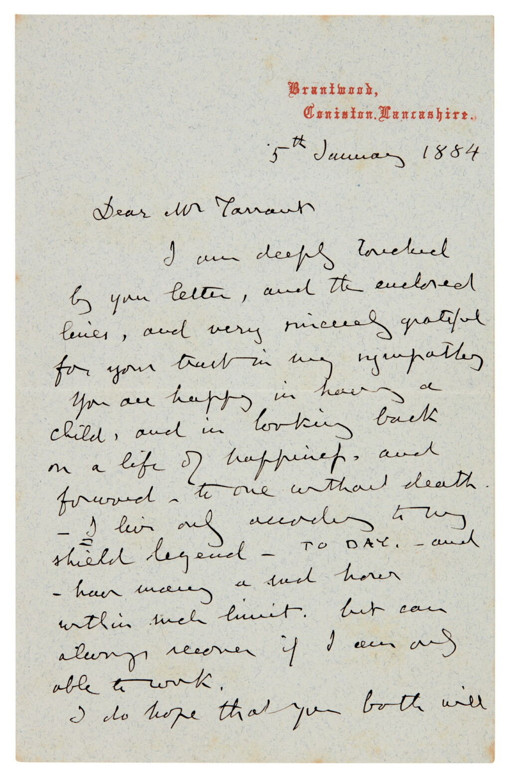 View full screen - View 1 of Lot 147. John Ruskin | Autograph letter signed, to W.B. Tarrant, 1884.