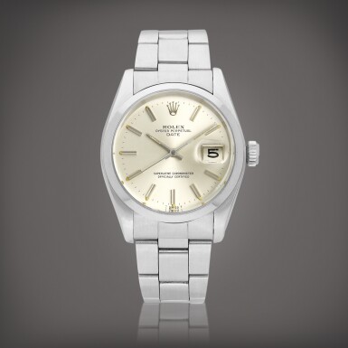 View full screen - View 1 of Lot 8854. Oyster Perpetual Date, Reference 1500 | A stainless steel wristwatch with date and bracelet, Circa 1980 | 勞力士 | Oyster Perpetual Date 型號1500 精鋼鏈帶腕錶,備日期顯示,約1980年製.