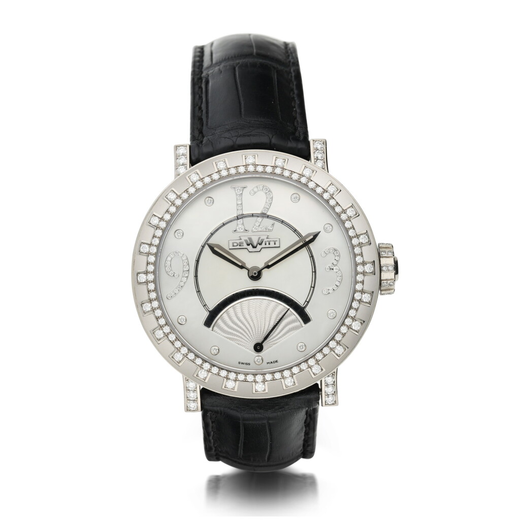 View full screen - View 1 of Lot 120. DEWITT | REFERENCE 1102.48 ACADEMIA SECONDE RETROGRADE A LIMITED EDITION WHITE GOLD AND DIAMOND SET AUTOMATIC WRISTWATCH WITH RETROGRADE SECONDS AND MOTHER OF PEARL DIAL, CIRCA 2005.