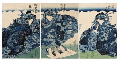 View full screen - View 1 of Lot 30. Utagawa Kunisada (1786-1864) | The courtesans Hanaogi from the Ogiya house, Hanamurasaki from the Tamaya house and Yosoi from the Matsubaya house (Ogiya uchi Hanaogi, Tamaya uchi Hanamurasaki, Matsubaya uchi Yosoi) | Edo period, 19th century.