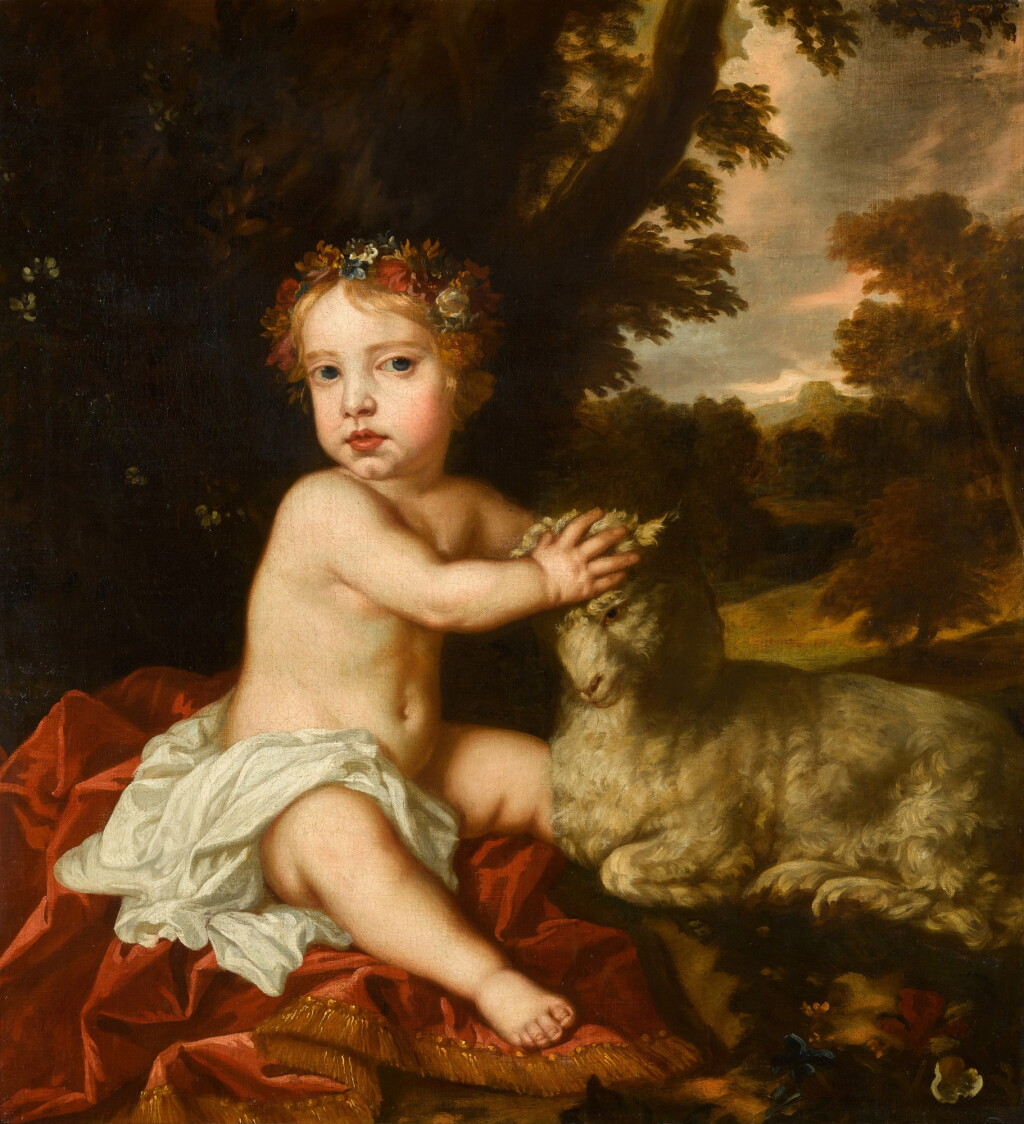 View full screen - View 1 of Lot 334. Portrait of Princess Isabella Stuart (1676–1681), full-length, seated beside a lamb, in a wooded landscape.