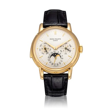 View full screen - View 1 of Lot 46. Ref. 3974 Yellow gold minute repeating perpetual calendar wristwatch with moon phases, 24-hour and leap-year indication Made in 1990 | 百達翡麗3974型號黃金三問萬年曆腕錶備月相、24小時及閏年顯示,1990年製.