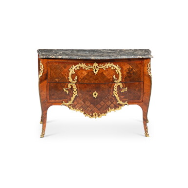 View full screen - View 1 of Lot 134. A Louis XV gilt-bronze mounted kingwood and rosewood veneered commode, circa 1760, stamped by Germain Landrin | Commode en placage de bois de violette et palissandre de Rio et bronze doré, d'époque Louis XV, vers 1760, estampille de Germain Landrin.