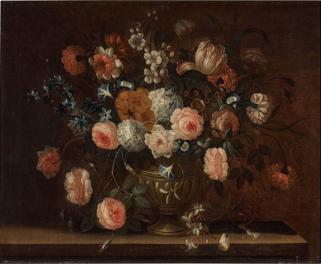 View full screen - View 1 of Lot 39. Still life of roses, carnations, tulips, honeysuckle and other flowers in an urn on a stone ledge.
