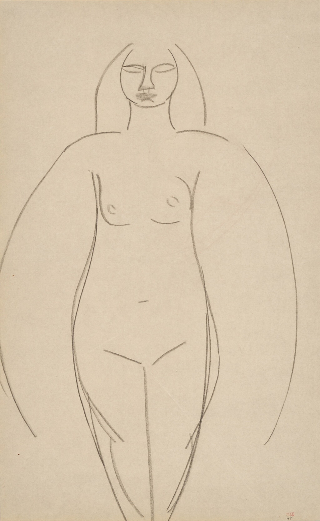 View full screen - View 1 of Lot 184. Standing female nude, frontal view, three-quarter length, opening her arms or a veil - recto. Study of head, leaning to right - verso.