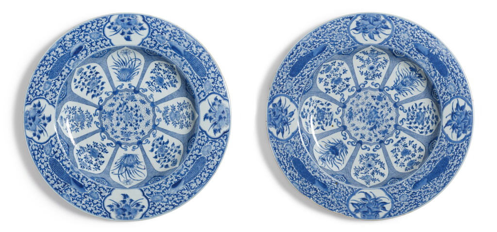 View full screen - View 1 of Lot 78. A Pair of Massive Chinese Export Blue and White 'Peacock' Pattern Chargers Qing Dynasty, Kangxi Period.