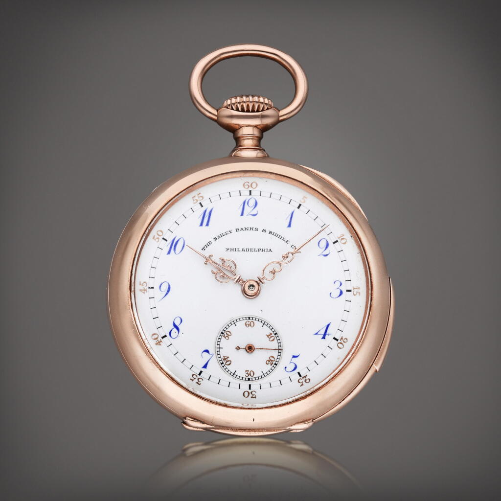 View full screen - View 1 of Lot 52. Retailed by Bailey Banks & Biddle Co.: A rare and small pink gold open faced minute repeating watch, Circa 1900.
