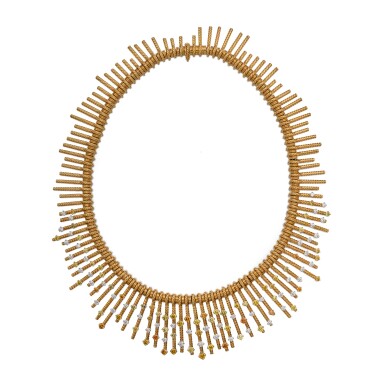 View full screen - View 1 of Lot 496. Gold, Diamond and Colored Diamond Necklace.