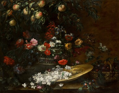 View full screen - View 1 of Lot 29. GIUSEPPE VICENZINO | Still life with peaches, plums and flowers in baskets, and jasmine flowers on a gold charger.