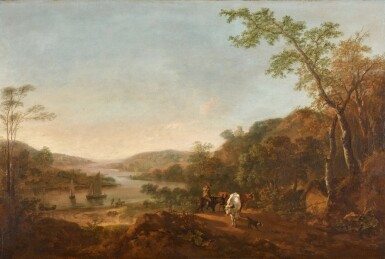 View full screen - View 1 of Lot 44. A wooded river landscape with a herdsman driving cattle, sailing boats in the distance.