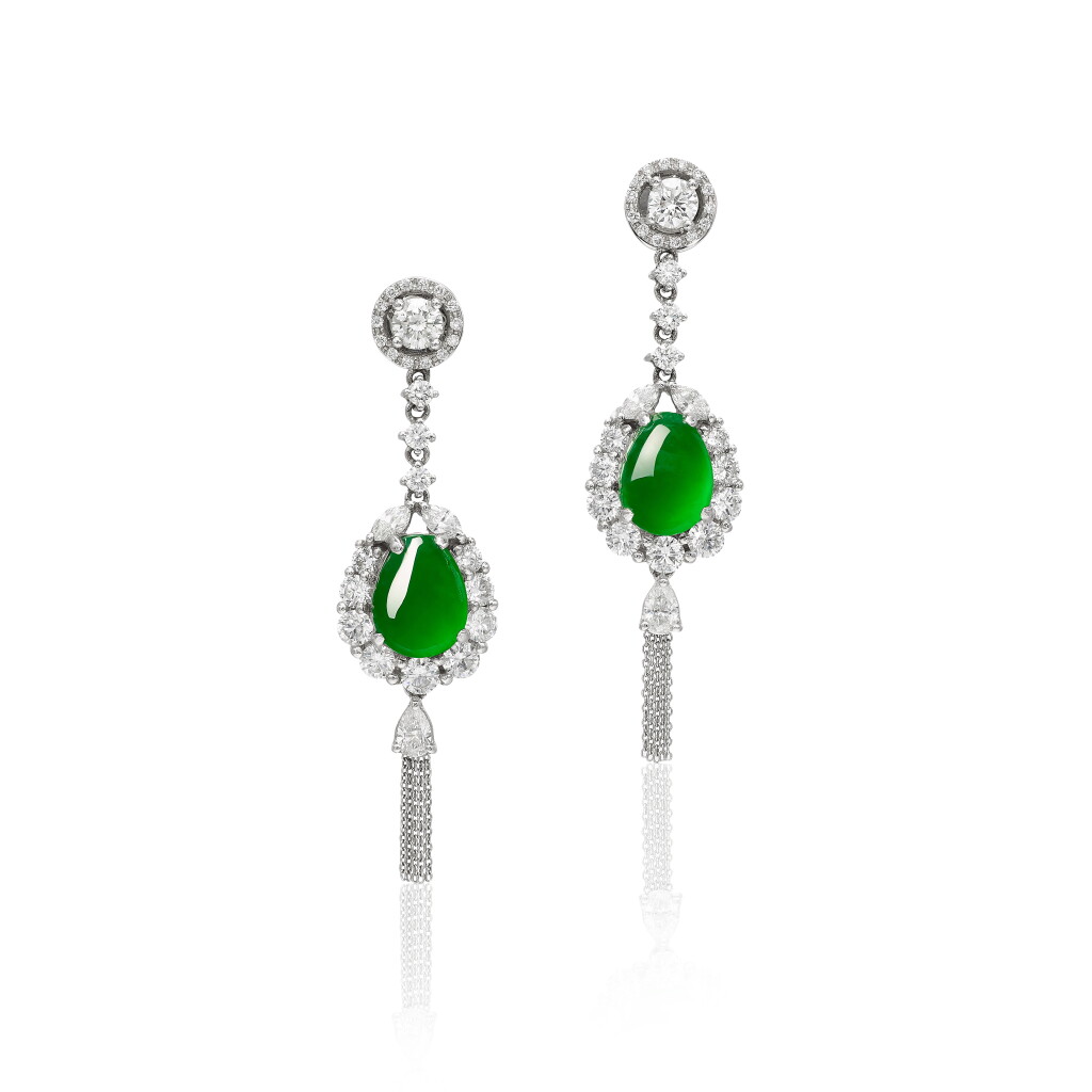 View full screen - View 1 of Lot 232. Pair of Jadeite and Diamond Pendent Earrings | 天然翡翠 配 鑽石 耳墜一對.