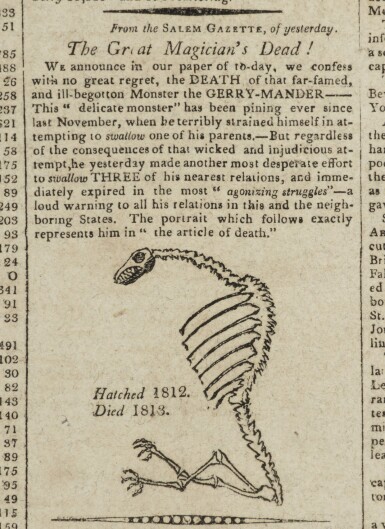 View full screen - View 1 of Lot 46. (GERRYMANDERING) | Early Gerrymander cartoon in the Columbian Centinal, No. 3026. Boston: Printed by William Burdick for Benjamin Russell, Wednesday, April 7, 1813.