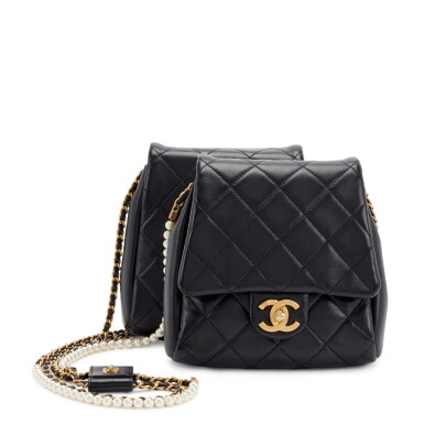 View full screen - View 1 of Lot 242. Black Quilted Lambskin Side-Pack Bags Gold and Imitation Pearl Hardware, 2019.