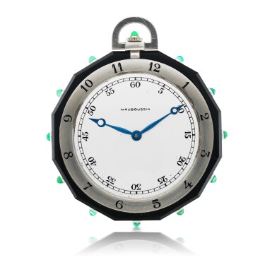 View full screen - View 1 of Lot 175. VACHERON CONSTANTIN | RETAILED BY MAUBOUSSIN: A PLATINUM, ONYX AND EMERALD-SET OPEN FACED WATCH, CIRCA 1925.