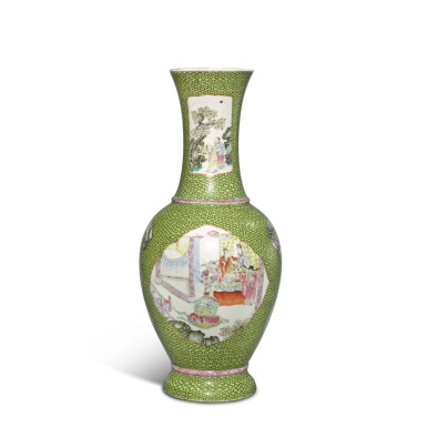 View full screen - View 1 of Lot 609. A lime-green-ground famille-rose 'scholars' vase, Qing dynasty, 19th century | 清十九世紀 綠地粉彩開光人物故事圖瓶.