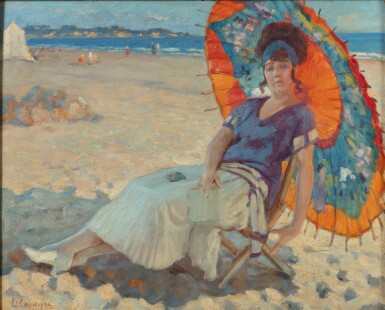 View full screen - View 1 of Lot 204. A woman lying on the beach under a Chinese umbrella | Femme à la plage assise sous un parasol chinois.