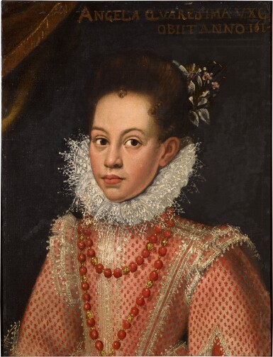 View full screen - View 1 of Lot 172. Portrait of a girl, half-length, wearing an embroidered pink gown and white lace ruff.
