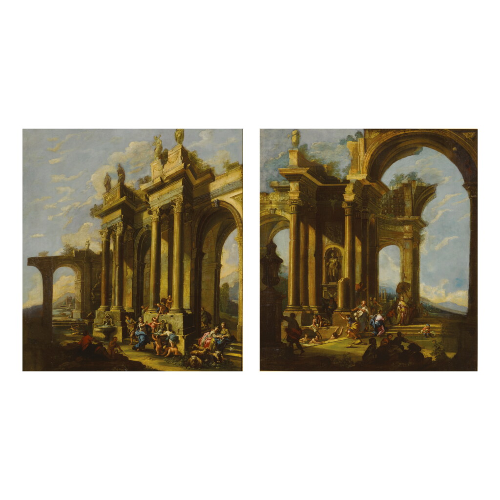 View full screen - View 1 of Lot 119. ATTRIBUTED TO PIETRO CAPELLI | A PAIR OF CAPRICCIO SCENES WITH TEMPLE RUINS AND FIGURES SWIMMING, DRINKING FROM A FOUNTAIN, AND SOCIALIZING.