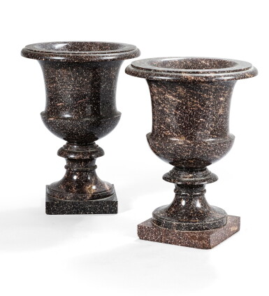 View full screen - View 1 of Lot 147. A matched pair of two swedish porphyry Medici vases, 19th century| Deux vases Médicis en porphyre de Suède du XIXème siècle.