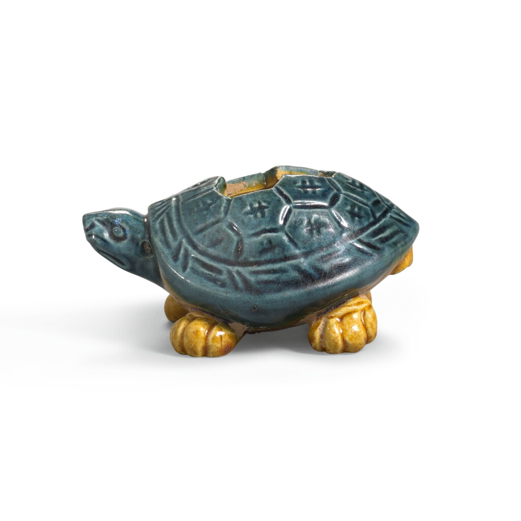 View full screen - View 1 of Lot 222. A VERY RARE SMALL BLUE AND AMBER-GLAZED 'TORTOISE' WATERPOT TANG DYNASTY | 唐 藍釉加黃彩龜形水注.