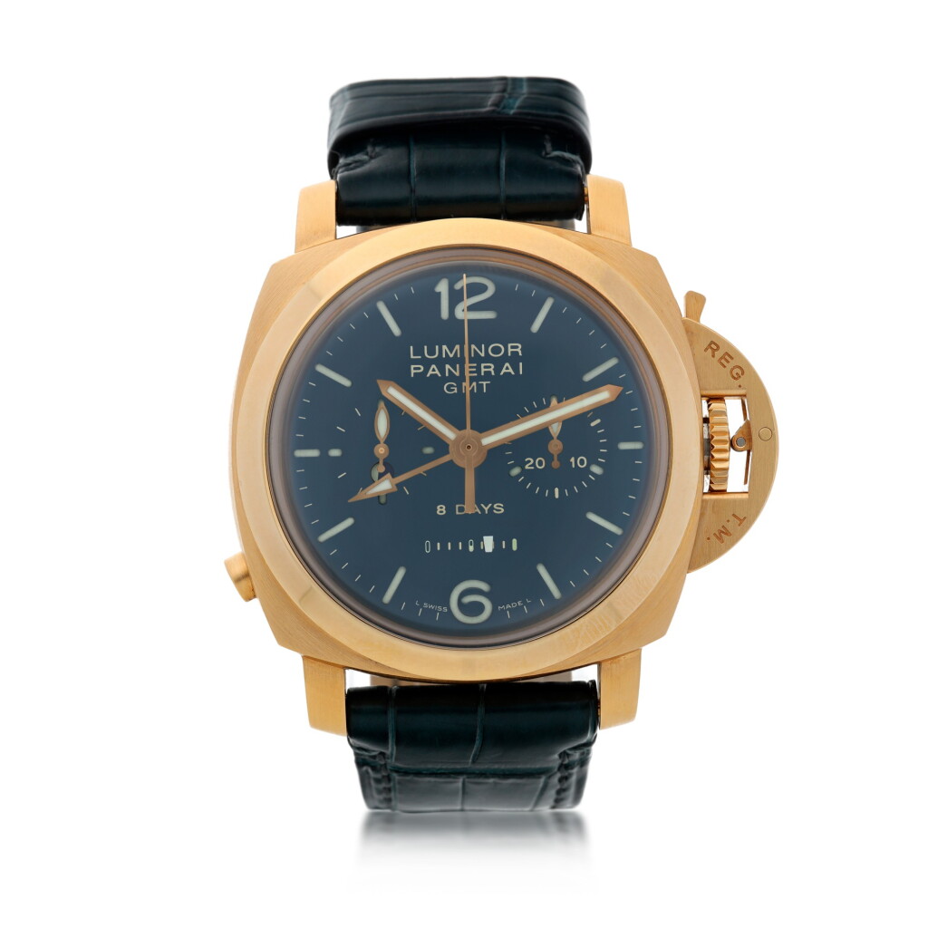 View full screen - View 1 of Lot 35. Reference PAM00277 Luminor 1950 8 Days Chrono Monopulsante GMT A limited edition pink gold dual time chronograph wristwatch with 8-day power reserve, Circa 2007.