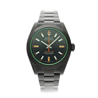 View full screen - View 1 of Lot 109. PRO-HUNTER | REFERENCE 116400 MILGAUSS A DLC-COATED STAINLESS STEEL AUTOMATIC WRISTWATCH, CIRCA 2008.