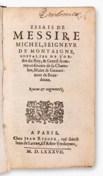 Essais. Paris, Jean Richer, 1587. Vélin de l’époque. Rare première édition parisienne. Exemplaire probablement de Julien Le Paulmier, médecin de Montaigne.