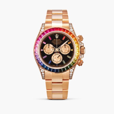 View full screen - View 1 of Lot 2541. Cosmograph Daytona ‘Rainbow’, Reference 116595RBOW | An Everose gold, diamond and multi-coloured sapphire-set chronograph wristwatch with bracelet, Circa 2021.