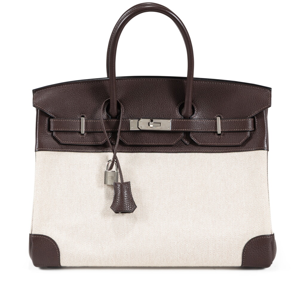 View full screen - View 1 of Lot 729. Limited Edition Ebene Evercalf and Ecru Toile Birkin 35 Palladium Hardware, 2006.